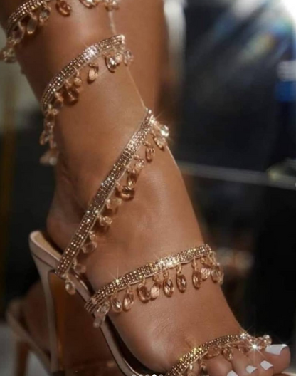 Rhinestone Tassel Embellished High-heeled Sandals