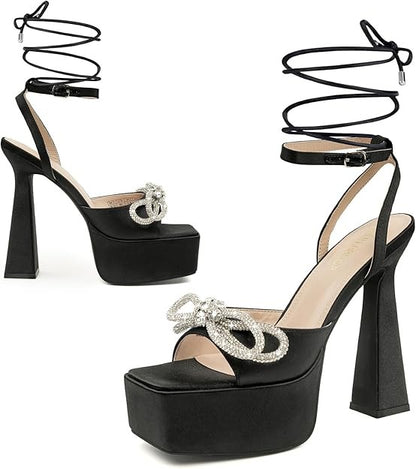 Women's Black Platform Lace Up Bow Heels