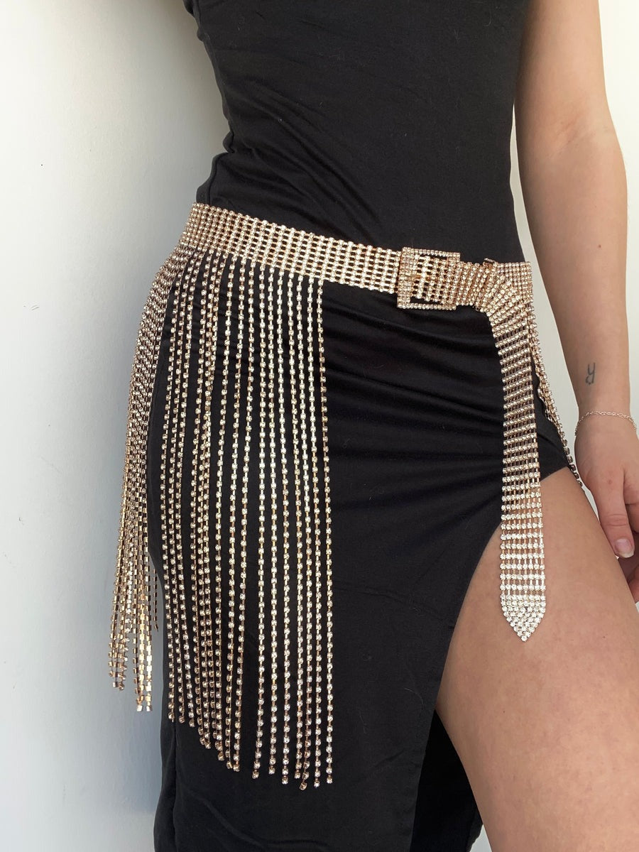 Rhinestone Pave Fringed Belt