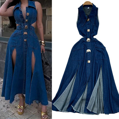 Lapel Hollow Waist Slit Denim Dress