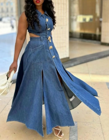 Lapel Hollow Waist Slit Denim Dress