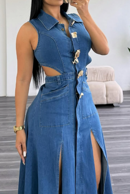 Lapel Hollow Waist Slit Denim Dress