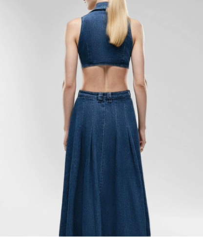 Lapel Hollow Waist Slit Denim Dress