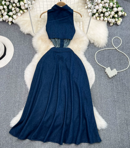 Lapel Hollow Waist Slit Denim Dress