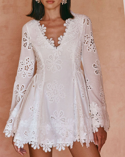 Embroidery Hollow Delicate Flower Trim Long Sleeve Side Lace-up Mini Dress