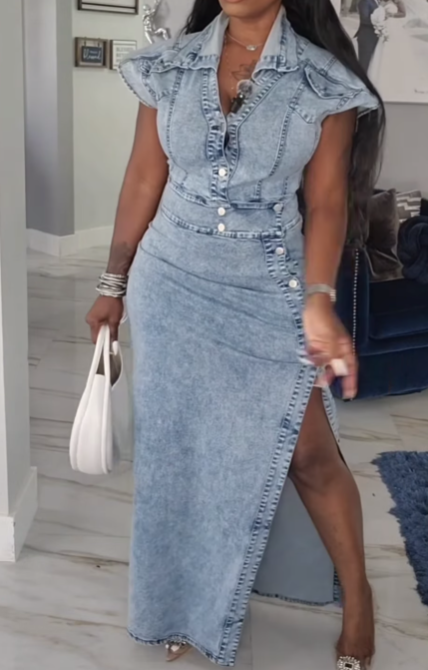 Retro Fashion Button Slit Denim Dress
