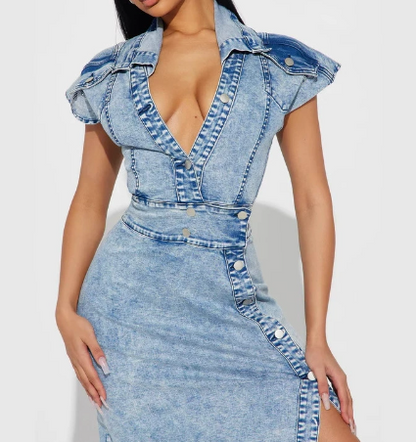 Retro Fashion Button Slit Denim Dress