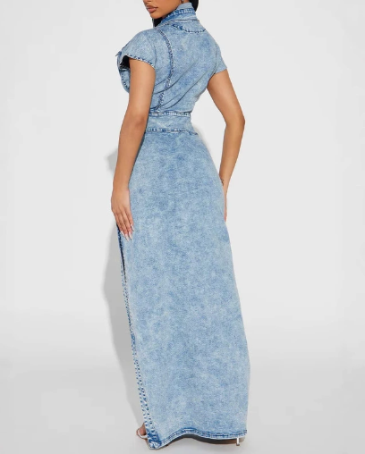 Retro Fashion Button Slit Denim Dress