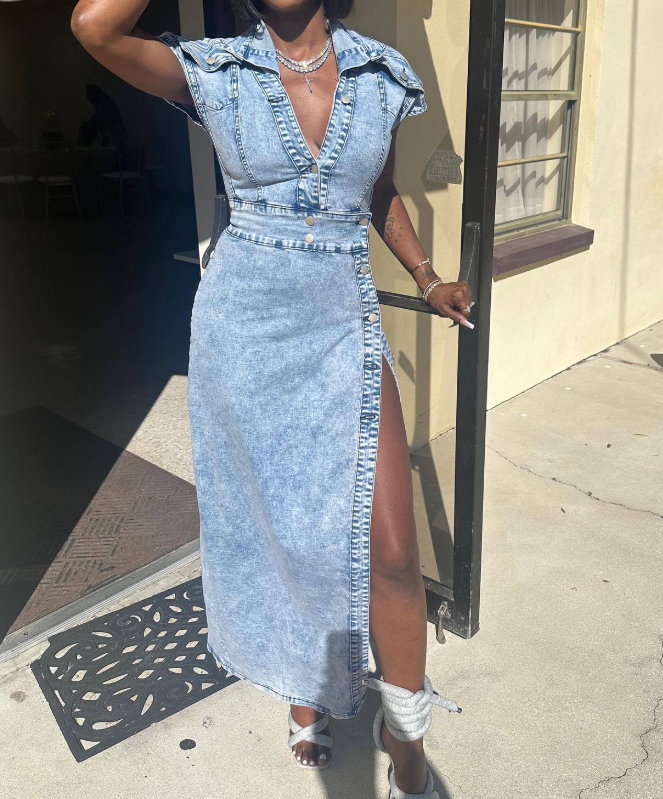 Retro Fashion Button Slit Denim Dress