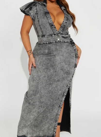 Retro Fashion Button Slit Denim Dress
