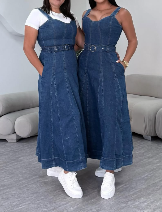 Blue Strappy Denim Dress With Buckle Belt