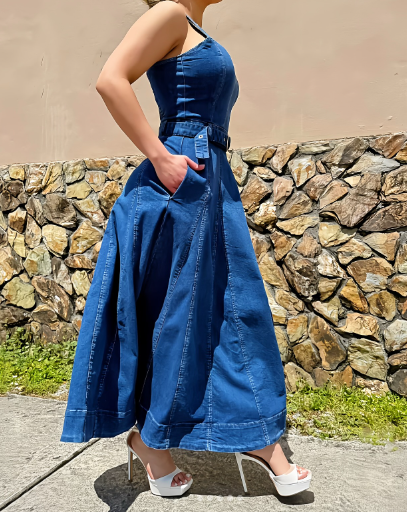 Blue Strappy Denim Dress With Buckle Belt