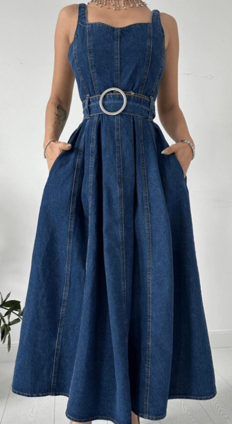 Blue Strappy Denim Dress With Buckle Belt