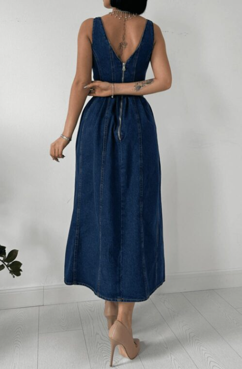 Blue Strappy Denim Dress With Buckle Belt
