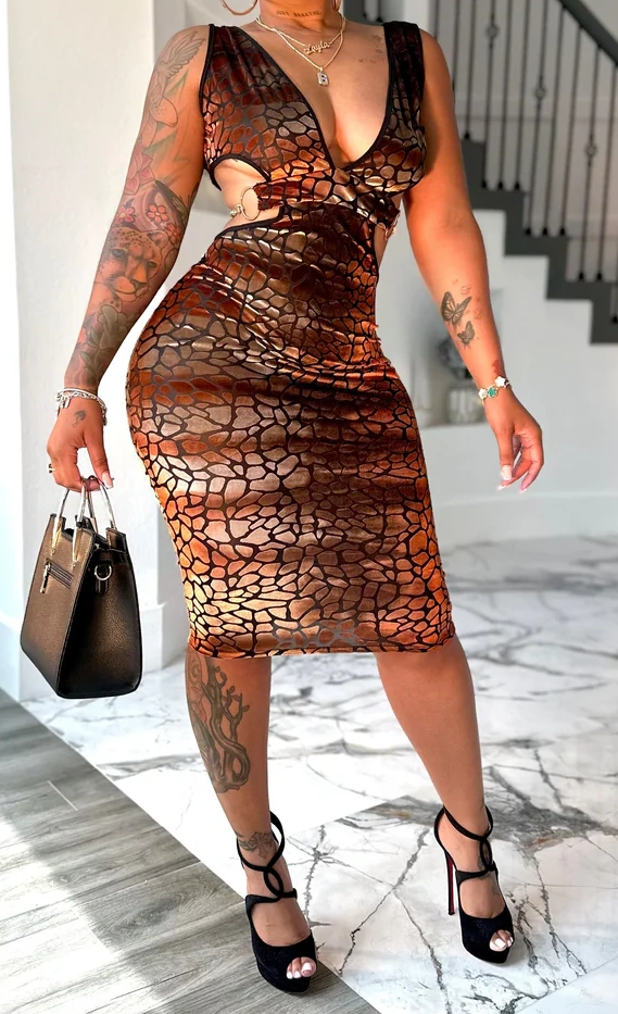 Deep V Leopard Print Bodycon Dress