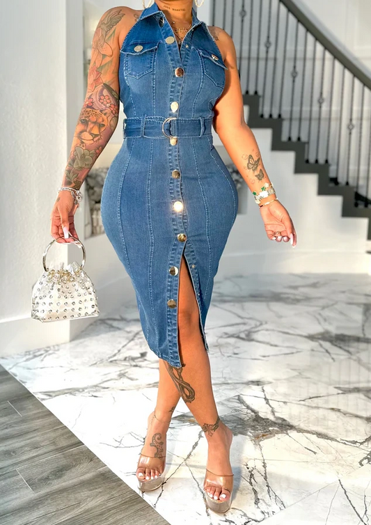 Halter Neck Denim Dress