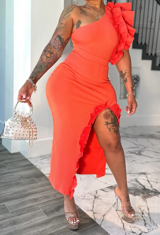 Off-shoulder Ruffled Slit Skirt