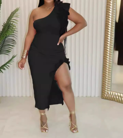 Off-shoulder Ruffled Slit Skirt