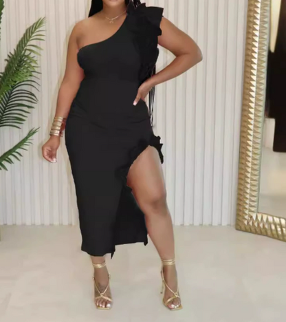 Off-shoulder Ruffled Slit Skirt