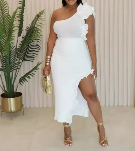 Off-shoulder Ruffled Slit Skirt