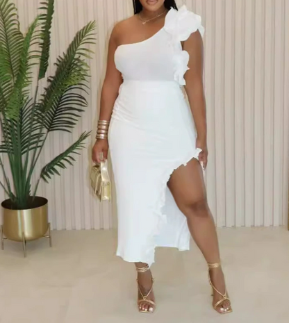 Off-shoulder Ruffled Slit Skirt