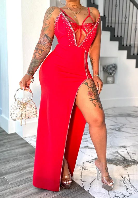 Rhinestone Sleeveless Slit Maxi Dress