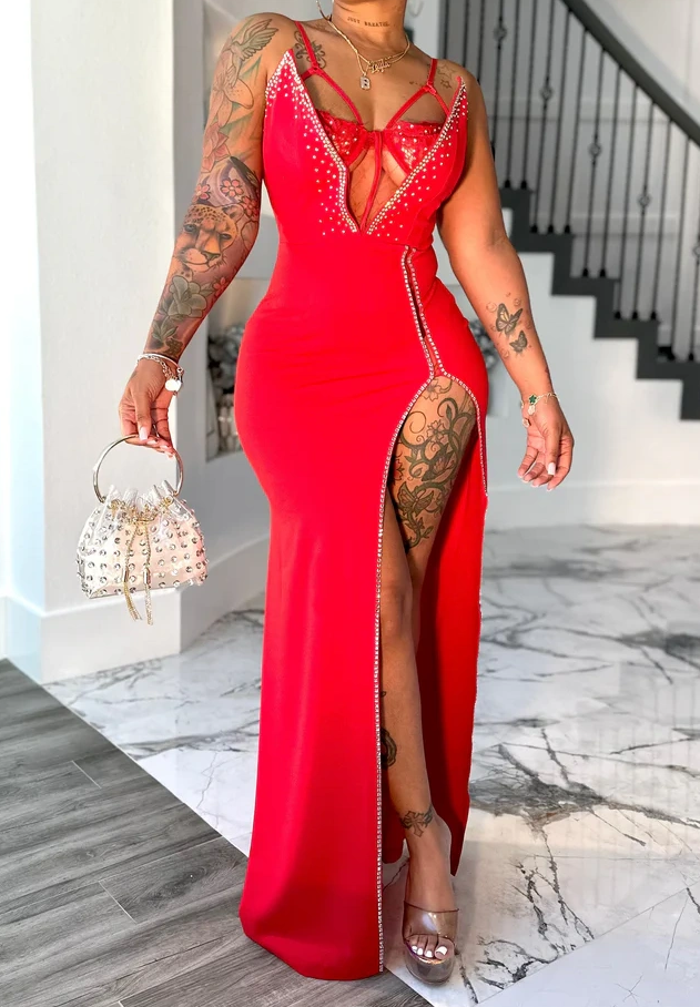 Rhinestone Sleeveless Slit Maxi Dress