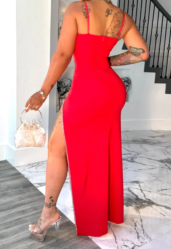 Rhinestone Sleeveless Slit Maxi Dress