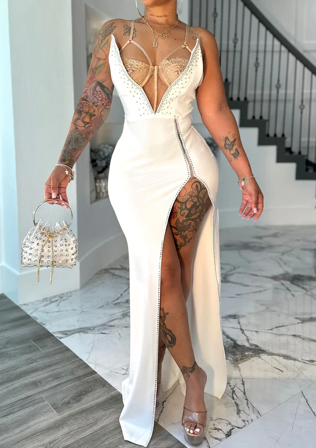 Rhinestone Sleeveless Slit Maxi Dress