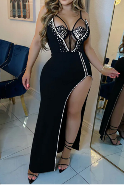 Rhinestone Sleeveless Slit Maxi Dress