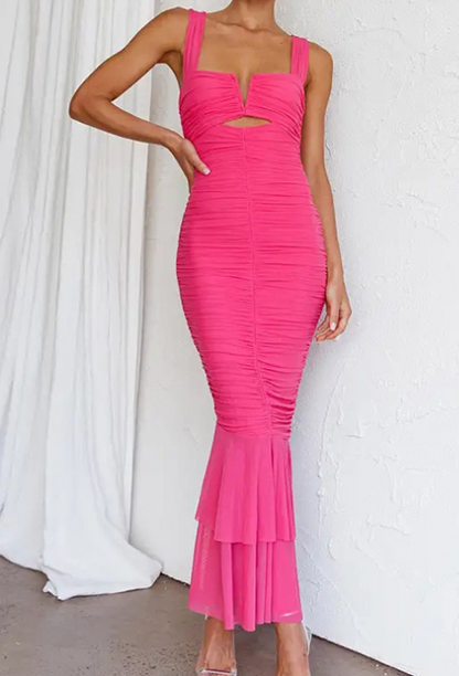 Women's Shoulder Strap Cutout Ruched Fishtail Maxi Dress