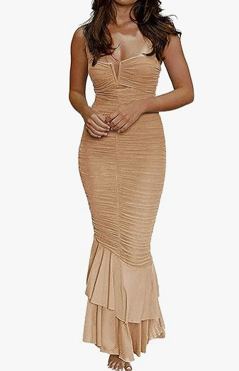 Women's Shoulder Strap Cutout Ruched Fishtail Maxi Dress