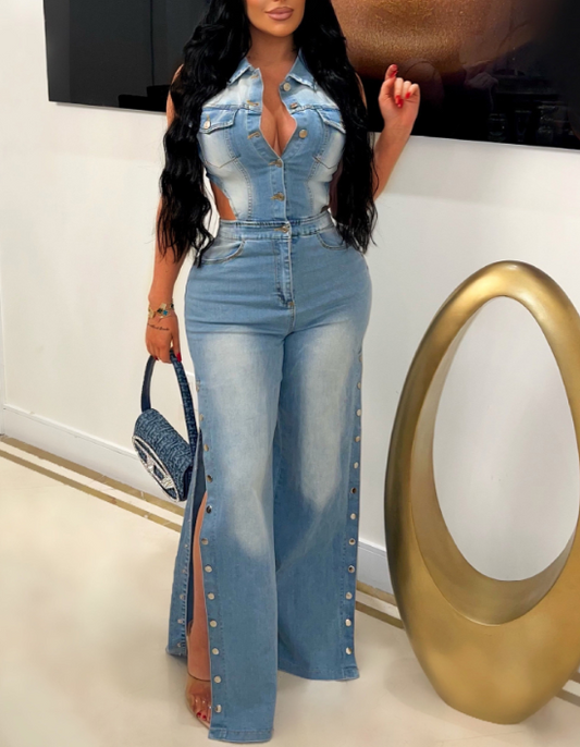 Women's Fashion Stand-up Collar Stretch Denim Jumpsuit