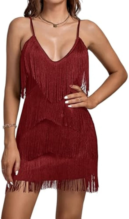 Layered Fringe Deep V Neck Cami  Dress
