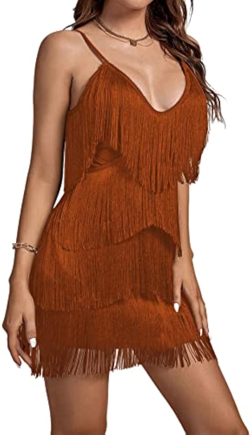 Layered Fringe Deep V Neck Cami  Dress