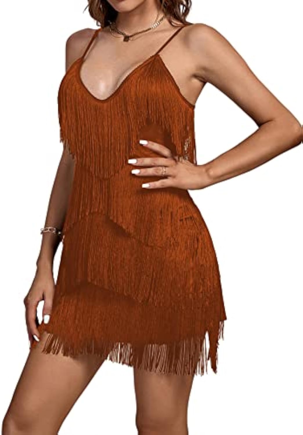 Layered Fringe Deep V Neck Cami  Dress