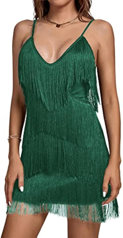 Layered Fringe Deep V Neck Cami  Dress