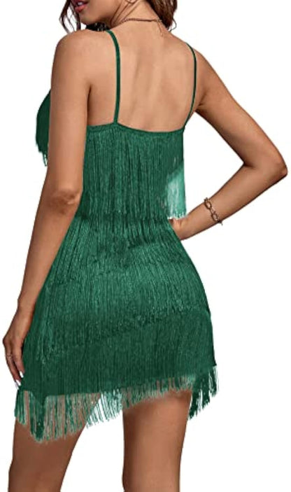 Layered Fringe Deep V Neck Cami  Dress