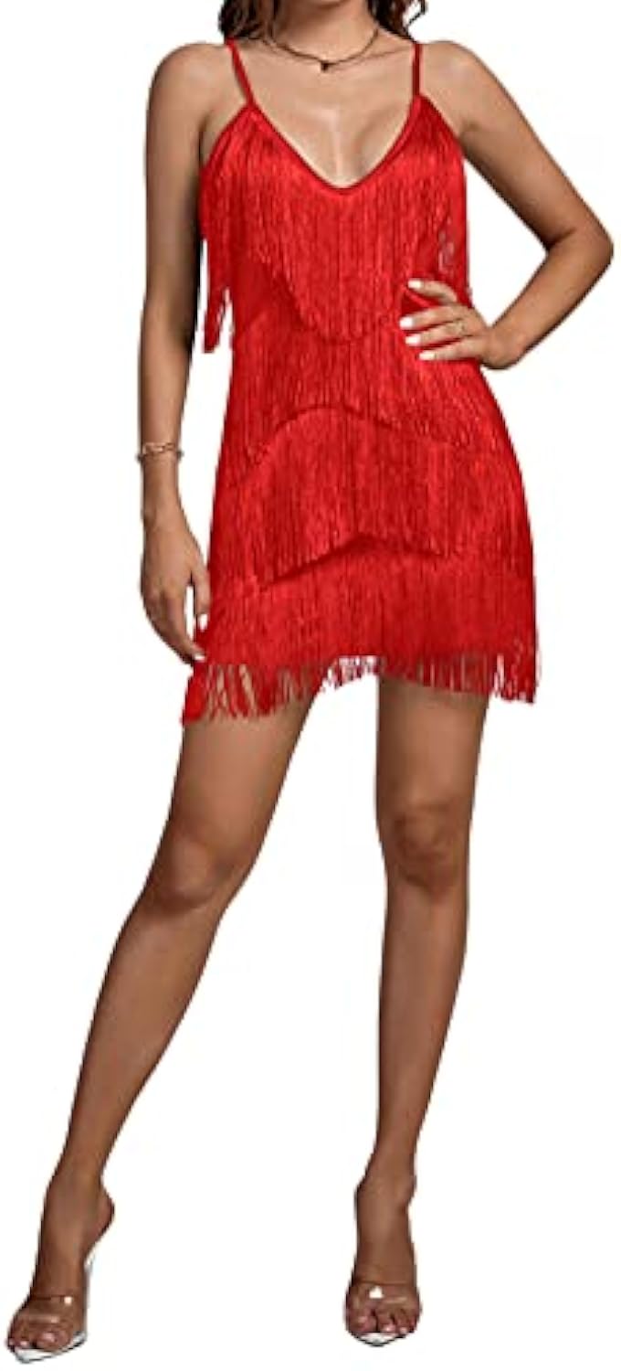 Layered Fringe Deep V Neck Cami  Dress