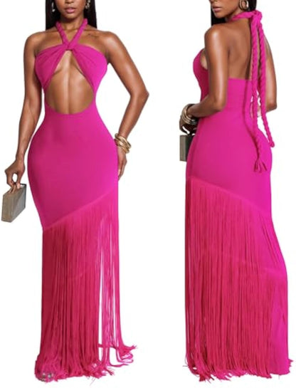 Women's Sexy Halter Backless Maxi Dress Cut Out