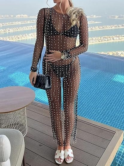 Women Pearl Cover Up Dress Sexy See Through Beach Maxi Dress Sheer
