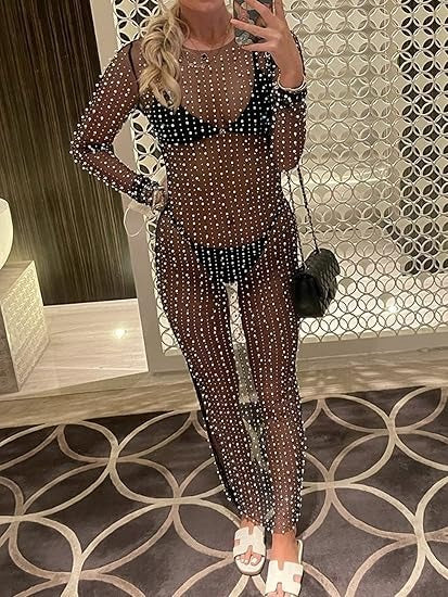 Women Pearl Cover Up Dress Sexy See Through Beach Maxi Dress Sheer