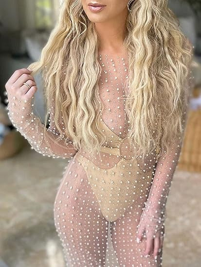 Women Pearl Cover Up Dress Sexy See Through Beach Maxi Dress Sheer