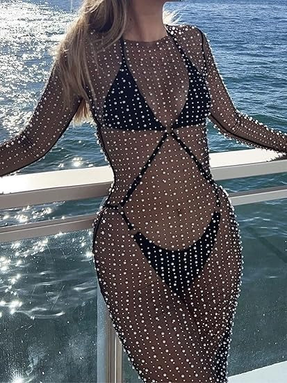 Women Pearl Cover Up Dress Sexy See Through Beach Maxi Dress Sheer