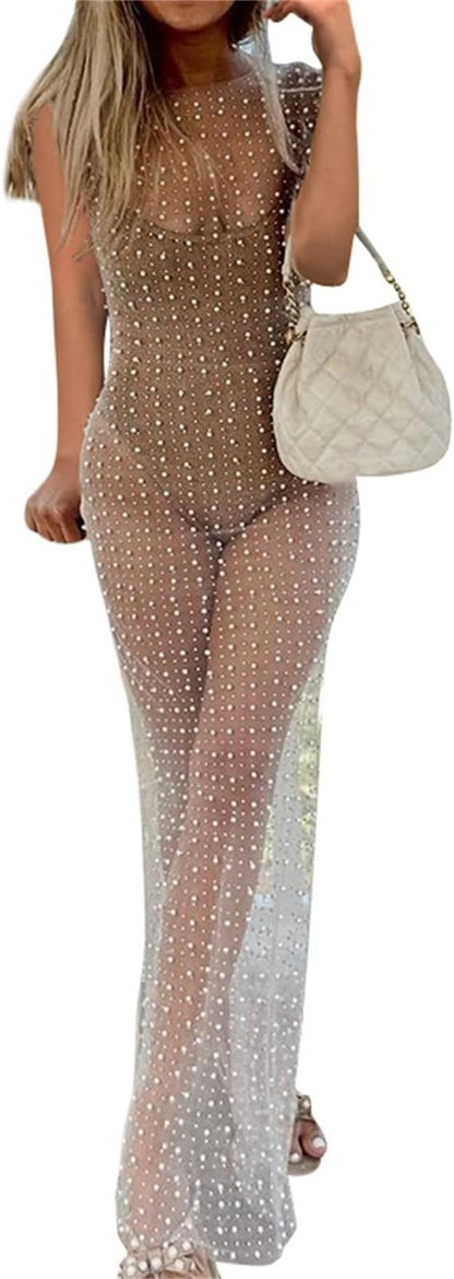 Women Pearl Cover Up Dress Sexy See Through Beach Maxi Dress Sheer
