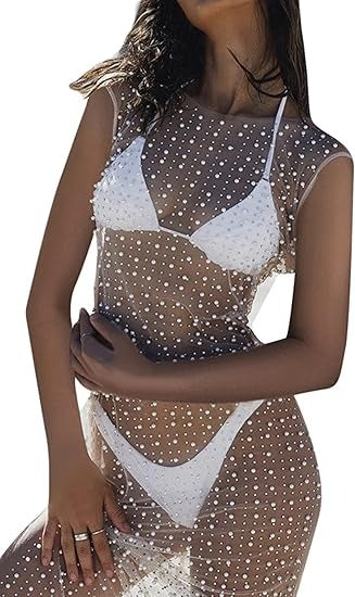 Women Pearl Cover Up Dress Sexy See Through Beach Maxi Dress Sheer
