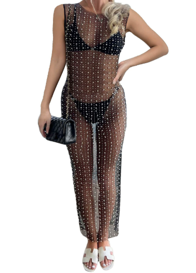Women Pearl Cover Up Dress Sexy See Through Beach Maxi Dress Sheer