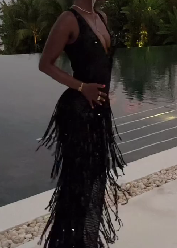 V-neck Sequined Fringe Maxi Dress