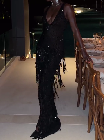 V-neck Sequined Fringe Maxi Dress