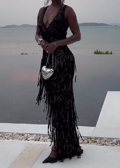V-neck Sequined Fringe Maxi Dress